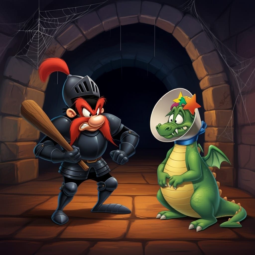 Yosemite Sam Battles a Comically Humiliated Green Dragon