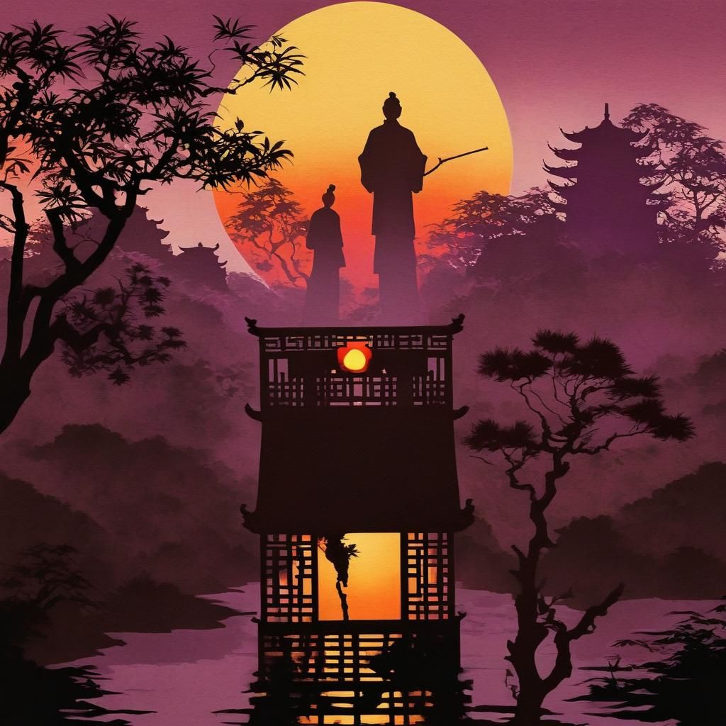 Chinese Silhouette Art in Red, Orange and Purple