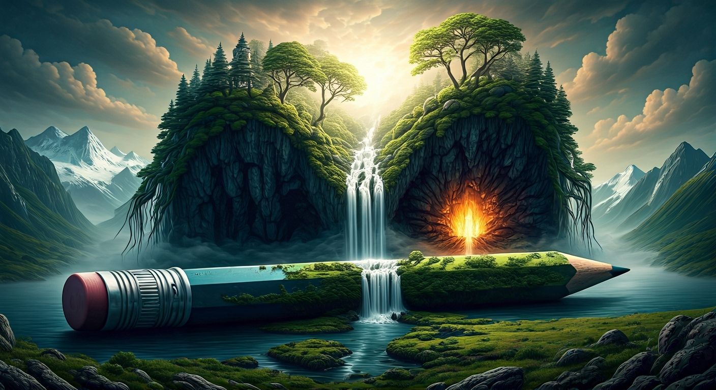 Ancient City on Giant Pencil Surrealist Landscape