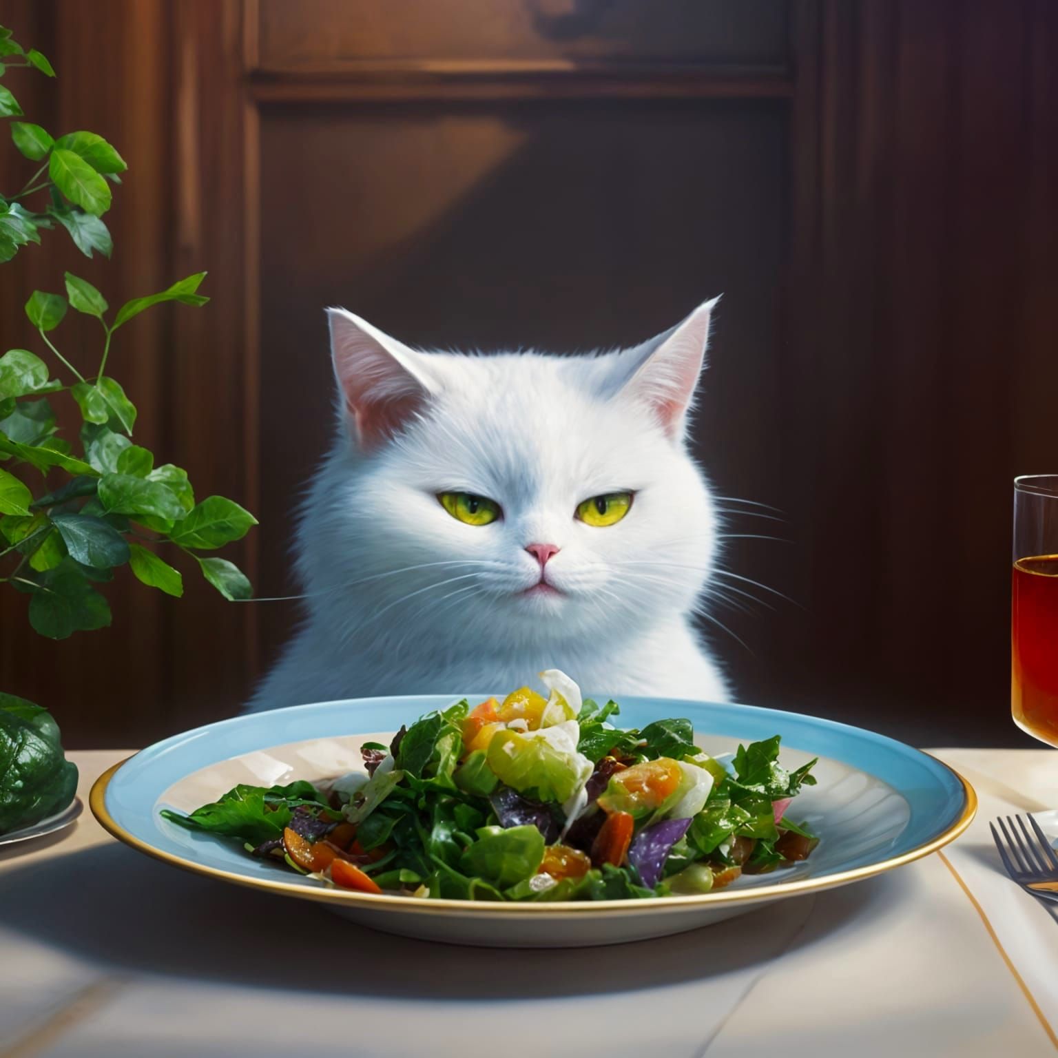 Disgusted Cat Eating Salad in Ghibli Anime Style