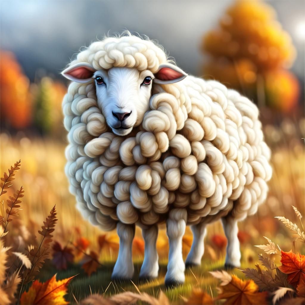 Fluffy White Sheep in Autumn Field