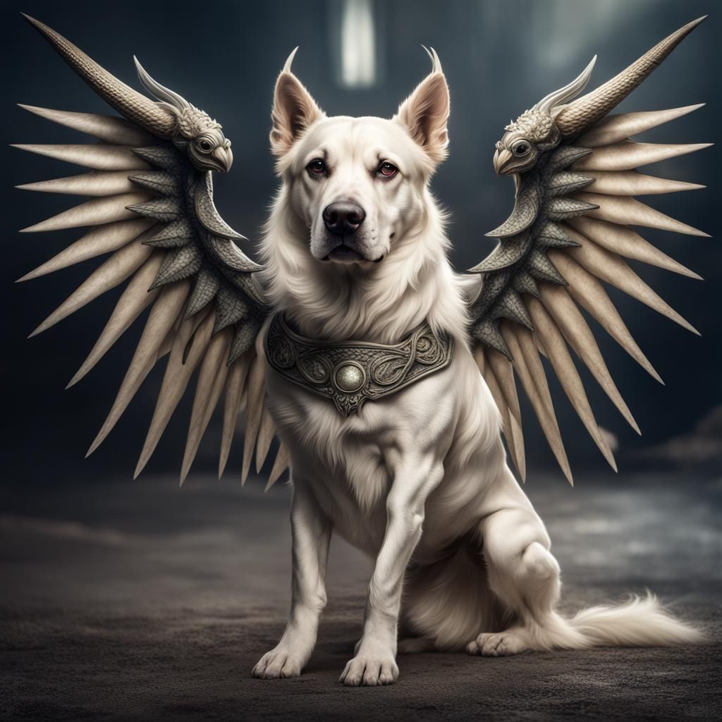 Hyperrealistic Dog with Unicorn Horn and Dragon Tail