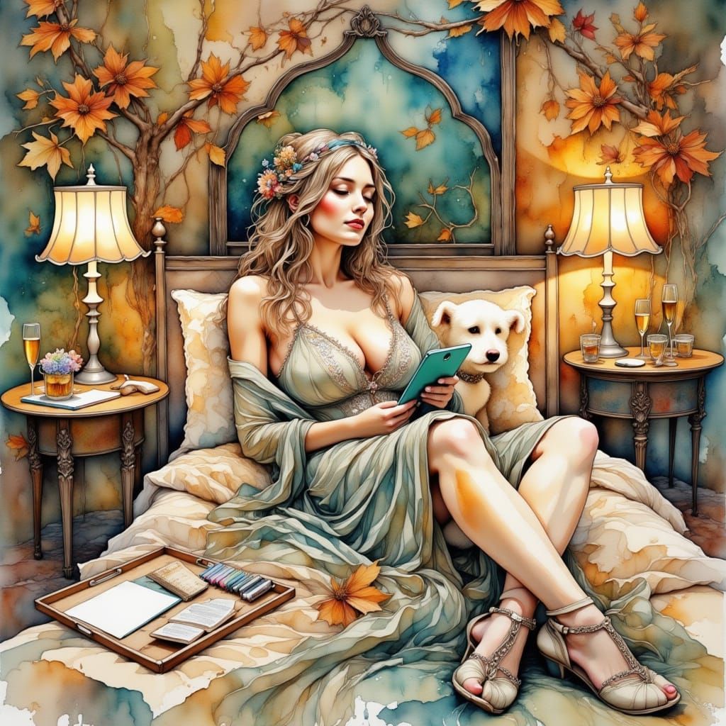 Bohemian Woman Lounging with Dog in Dreamy Watercolor Style
