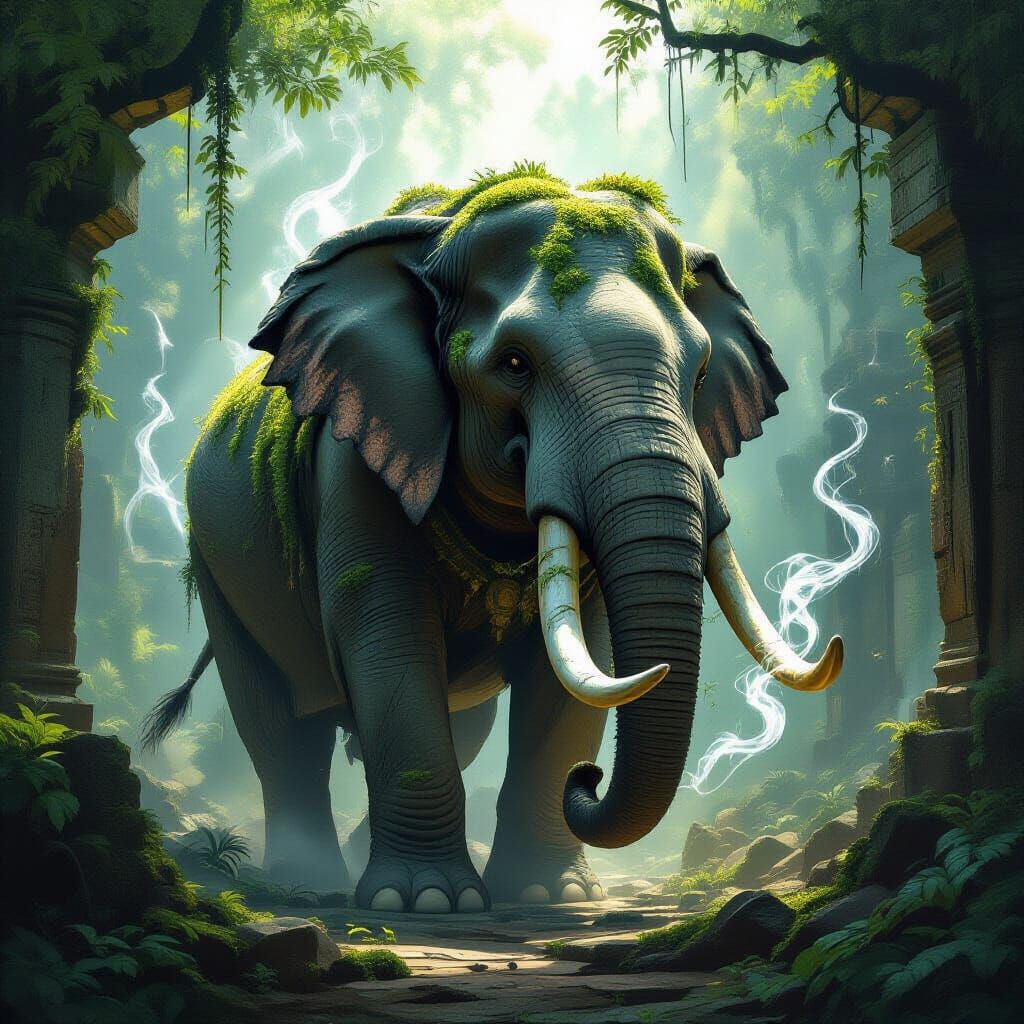 Ancient Elephant in Jungle Ruins, Dark Fantasy Art