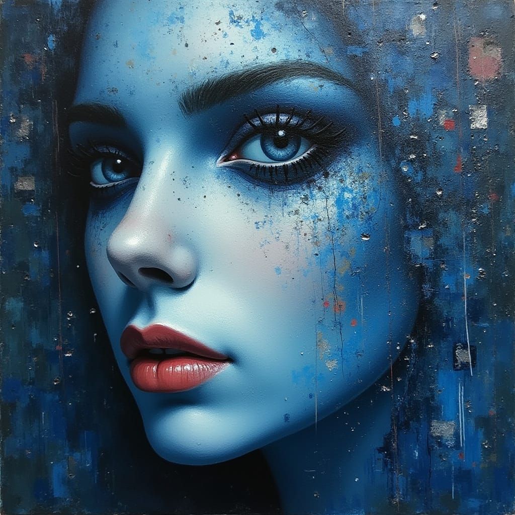 Moody Blue Portrait in Mixed Media Style