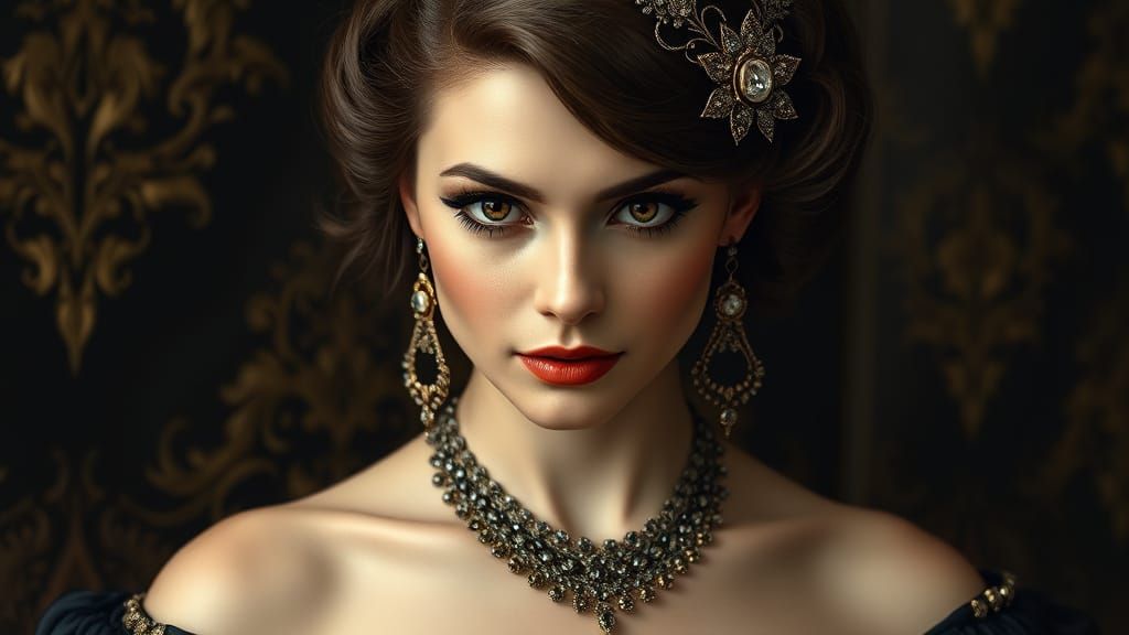 Glamorous Woman in Black and Gold Gown