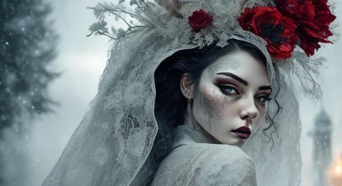 Ethereal Pale Lady in White and Red Lace Attire