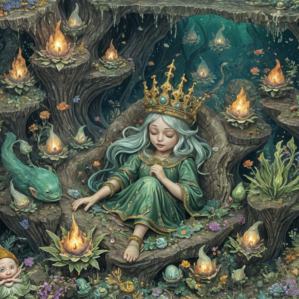 Gnomish Queen Asleep in Deep Ocean Green Fire