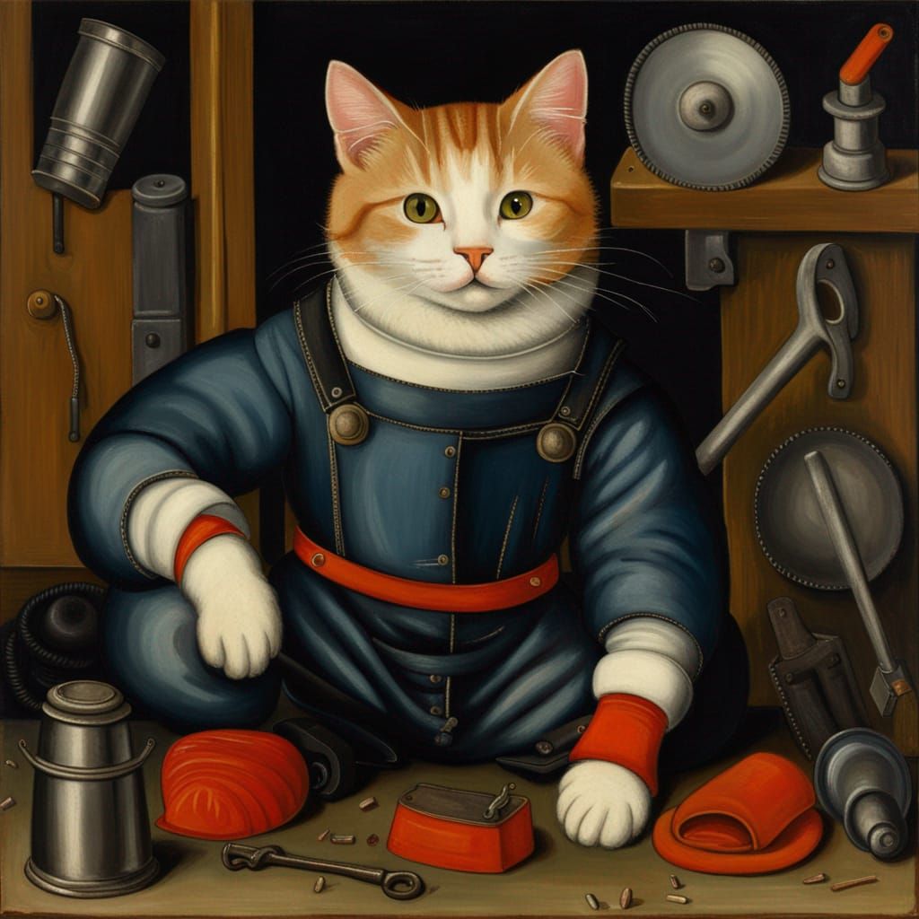Cat Mechanic in Overalls: Renaissance Fauvist Style
