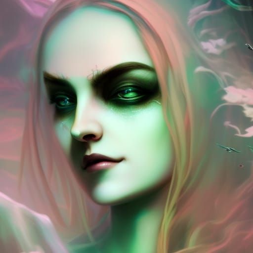 Ethereal gothic Young lady with round face and beautiful green eyes and round nose and Full lips and she wears emerald g...