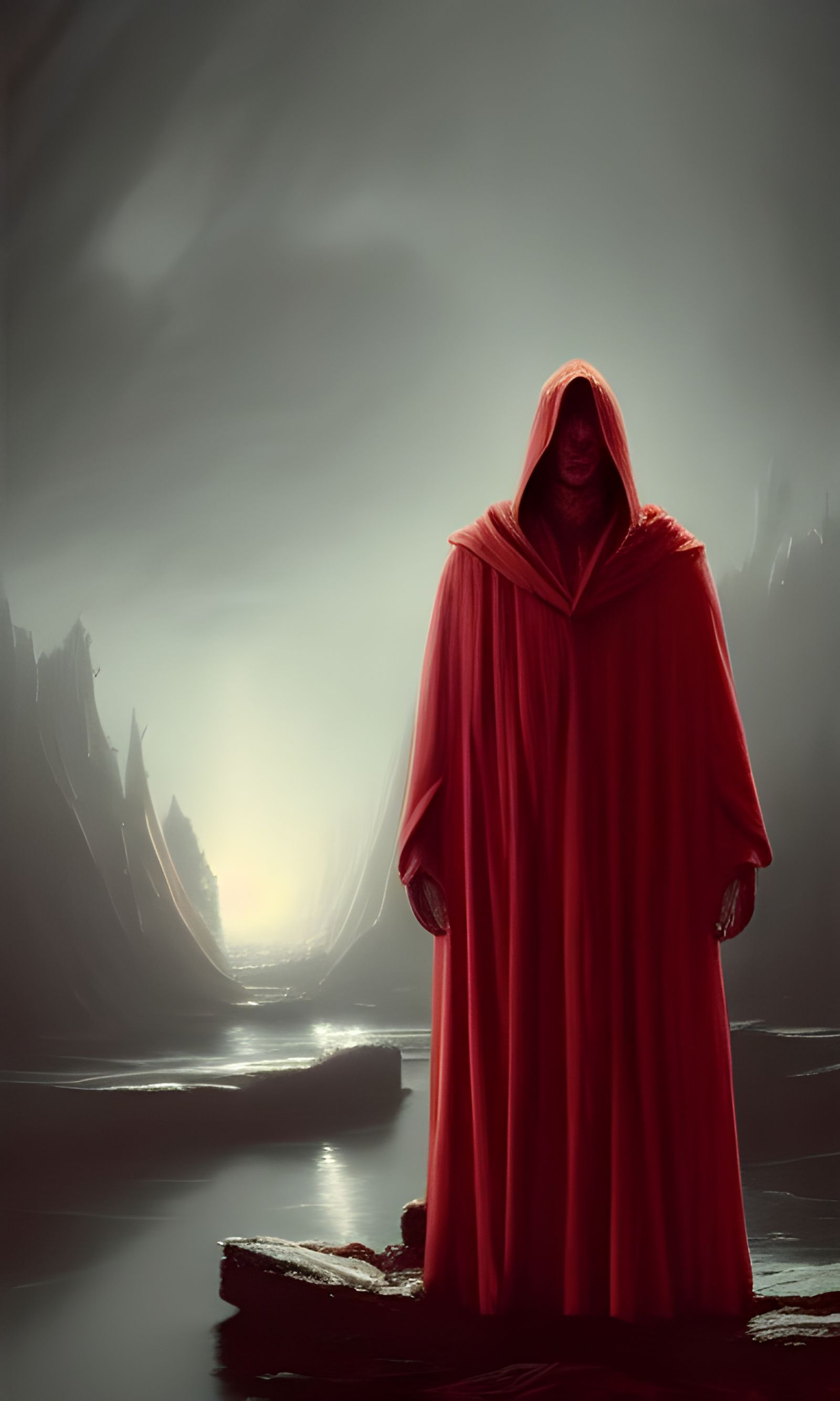Figure in Red Cloak Standing on Water