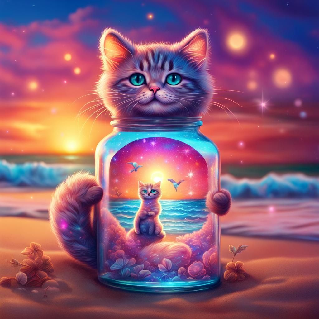 Sparkling Kitty with Message on Sunset Beach