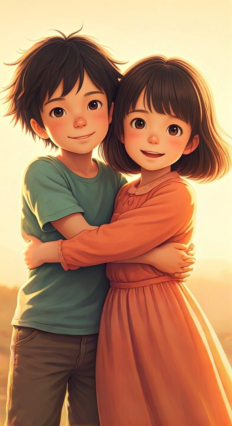 Anime Style: Children's Joyful Embrace