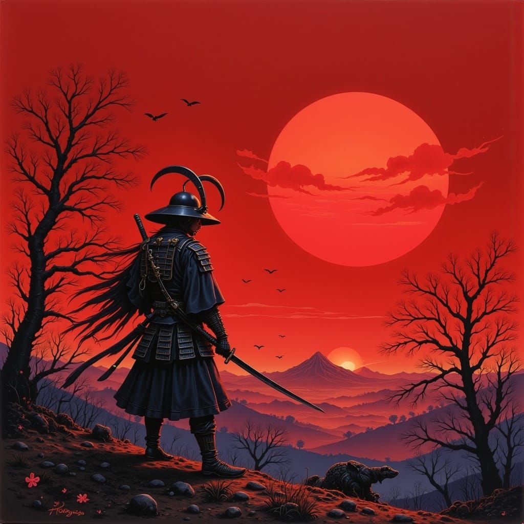 Samurai Warrior on Desolate Battlefield at Twilight