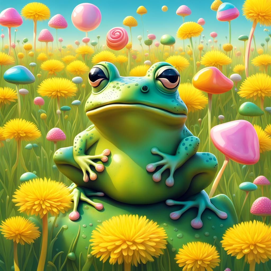 Frogs in Dandelions: Whimsical Candy Art Illustration