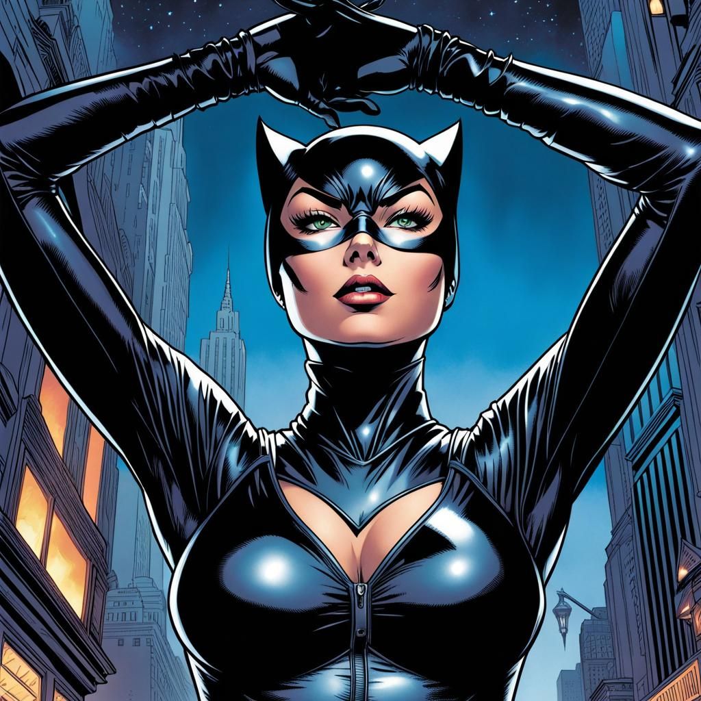 Comic Book Style Catwoman with Arms Raised