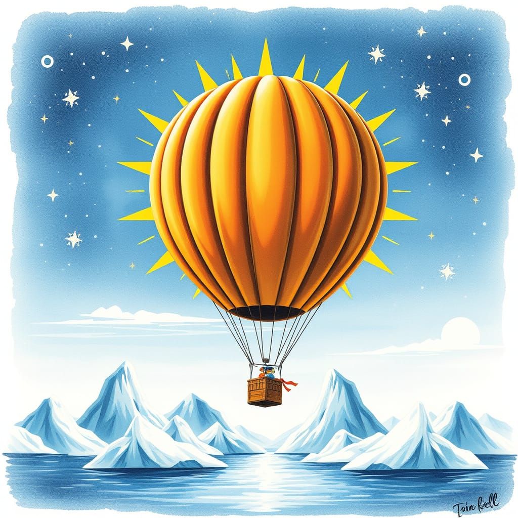 Sun as Balloon in Space with Icebergs, Watercolor Design