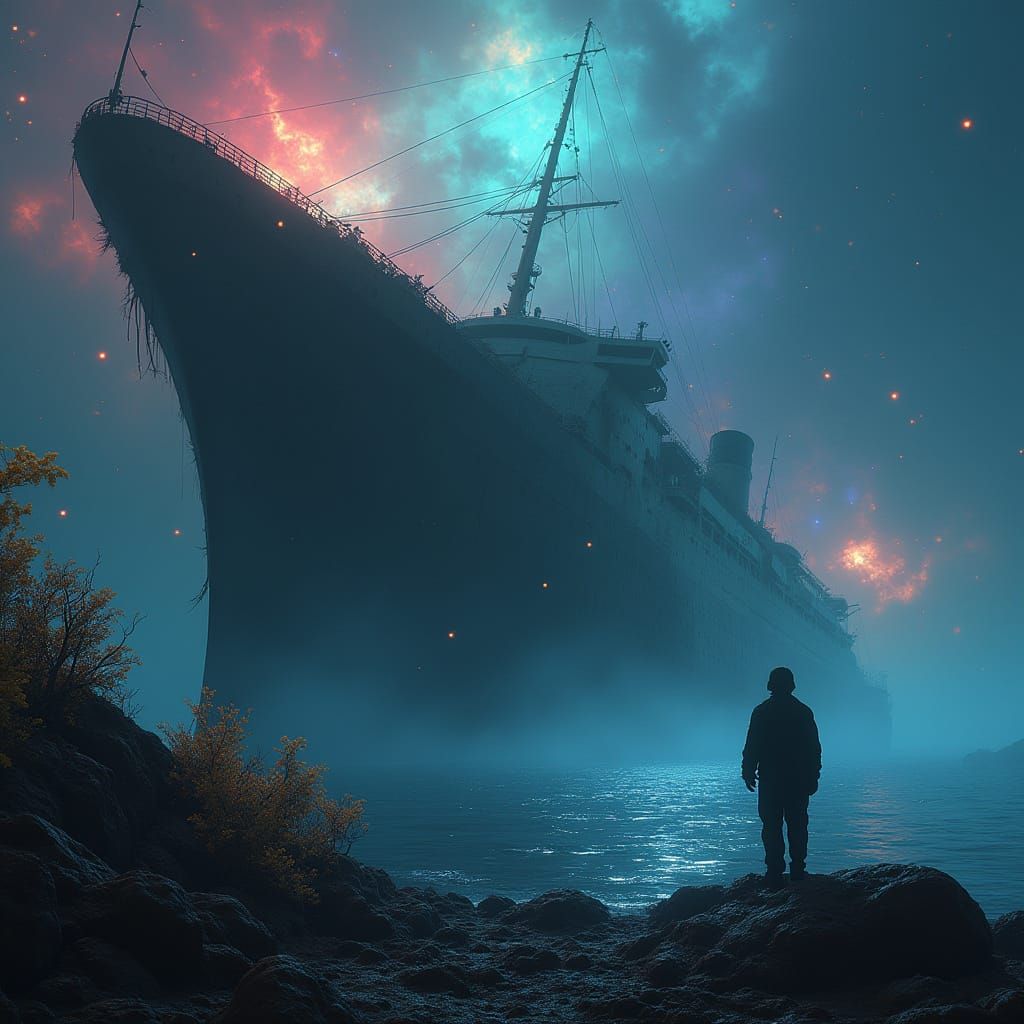 Cosmic Solitude: Figure on Derelict Ship in Nebula