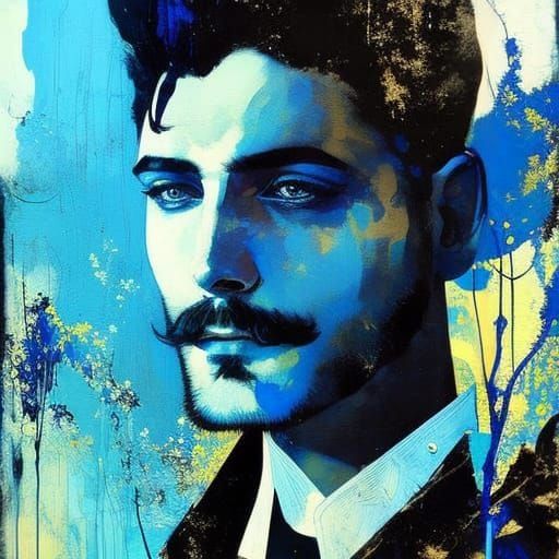 Sinister Portrait of Handsome Man with Blue Flowers