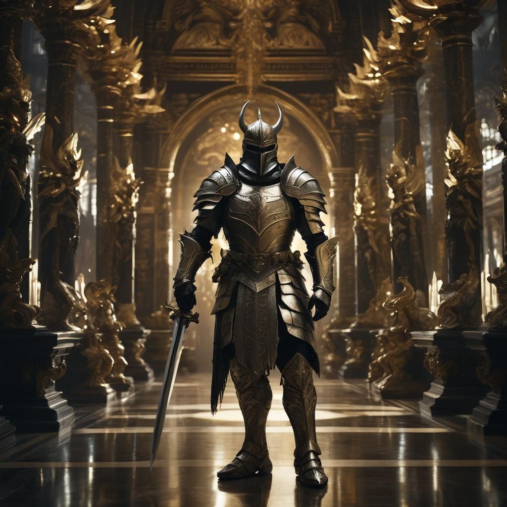 Golden Knight with Wings in Grand Hallway