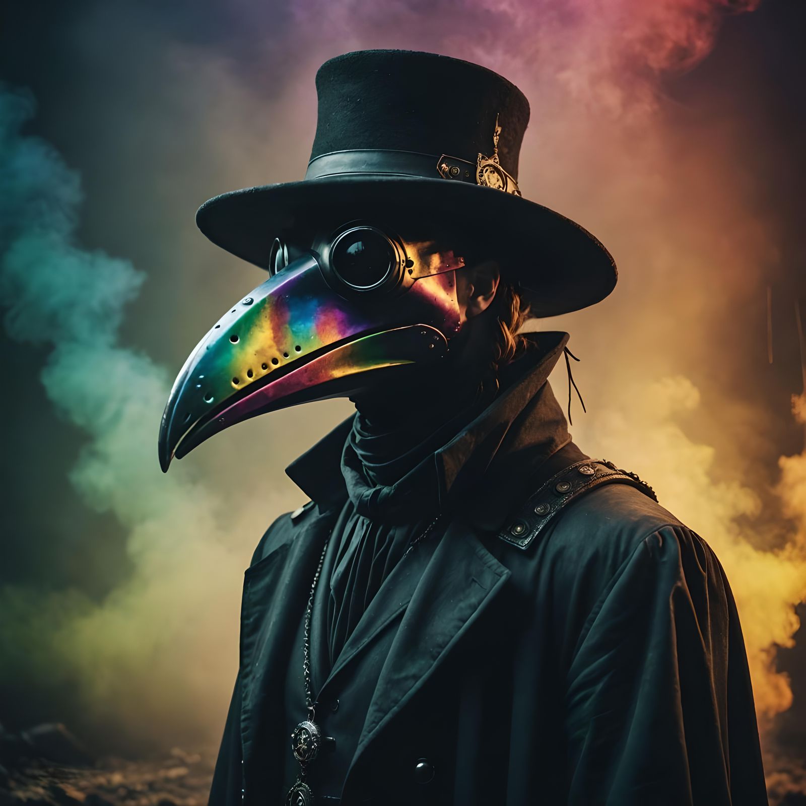 Rainbow Plague Doctor in Cinematic Style