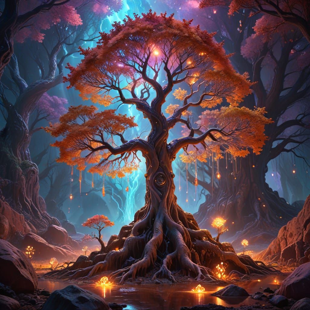 Surreal Fantasy Scene: Young Creature Beside Mother and Glow...