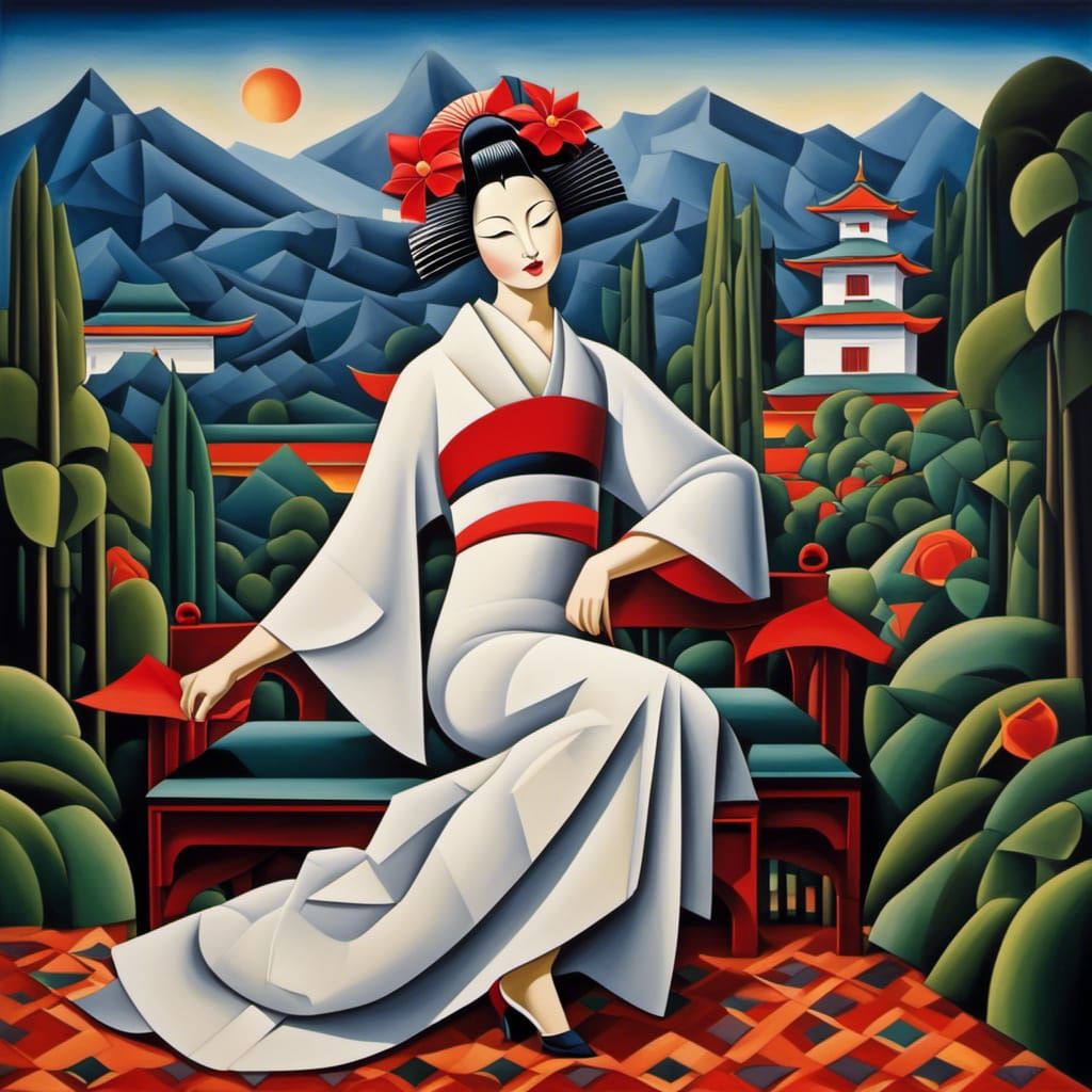 Cubist Geisha in Garden with Pagoda