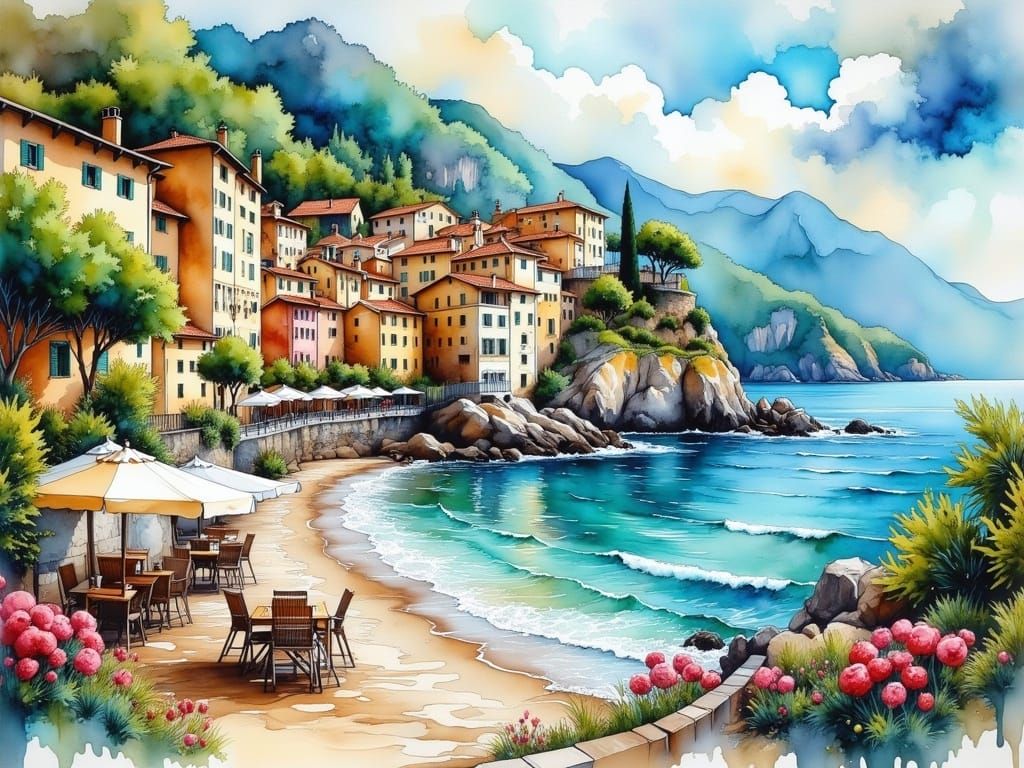 Sorrento Coastline Oasis in Impasto Watercolor