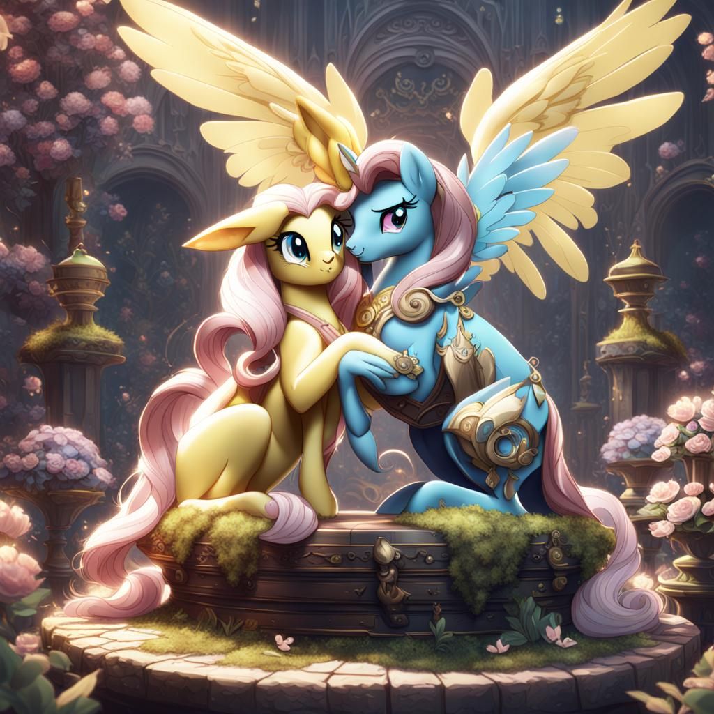 Fluttershy and Discord Cuddling with Bunnies: Detailed Paint...