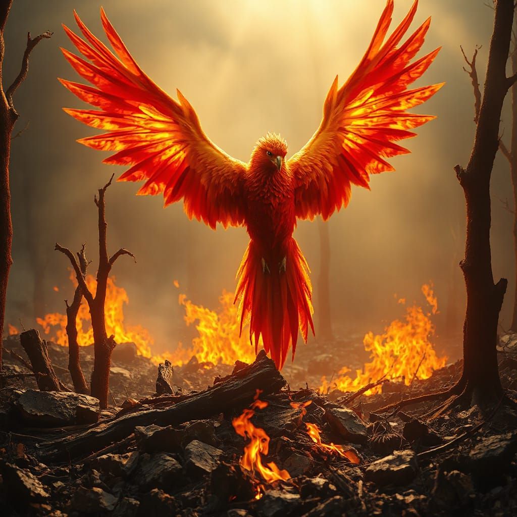 Phoenix Rises from Ashes in Photorealistic Detail