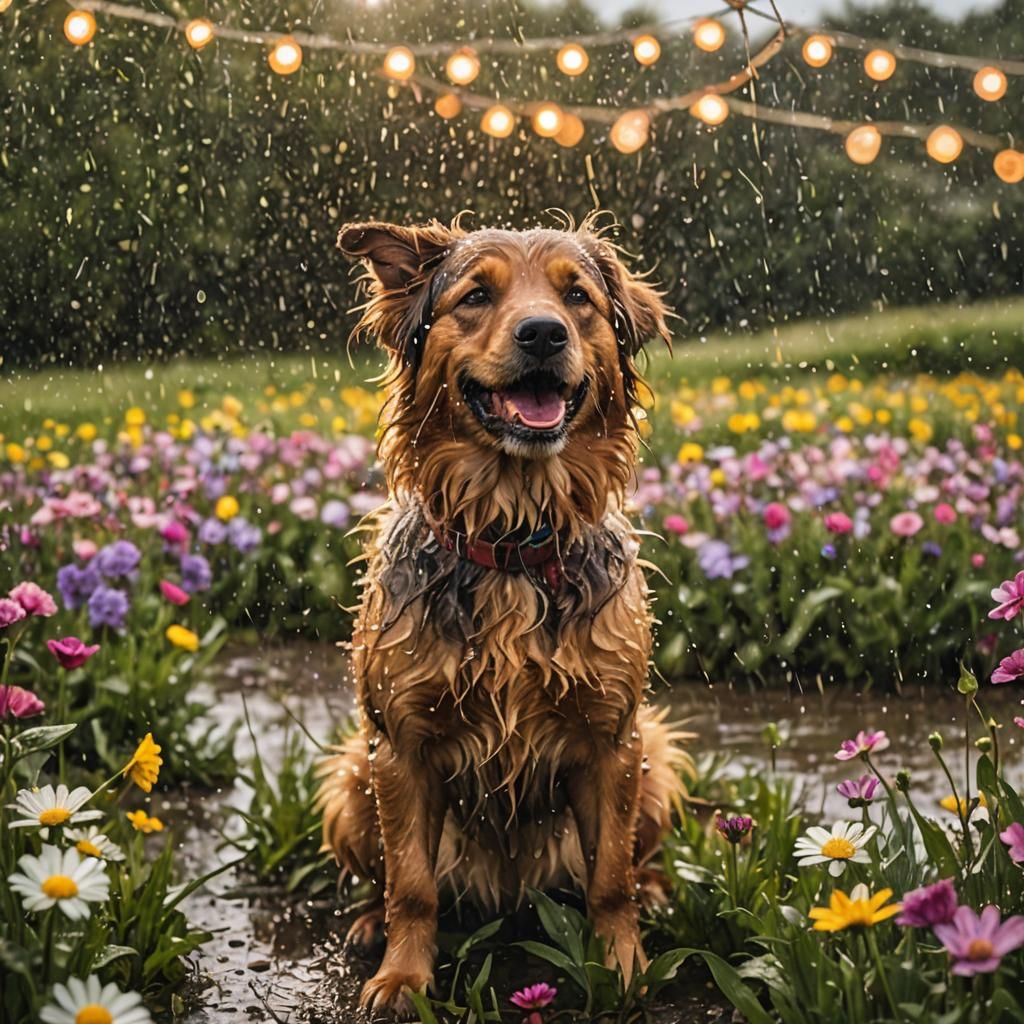 Glistening Dog in a Rainy Flower Field