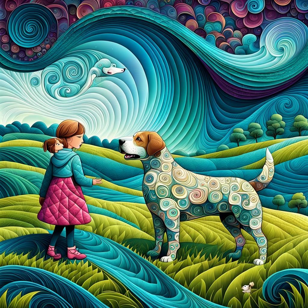 Quilted Scene: Dog, Girl, and Abstract Field
