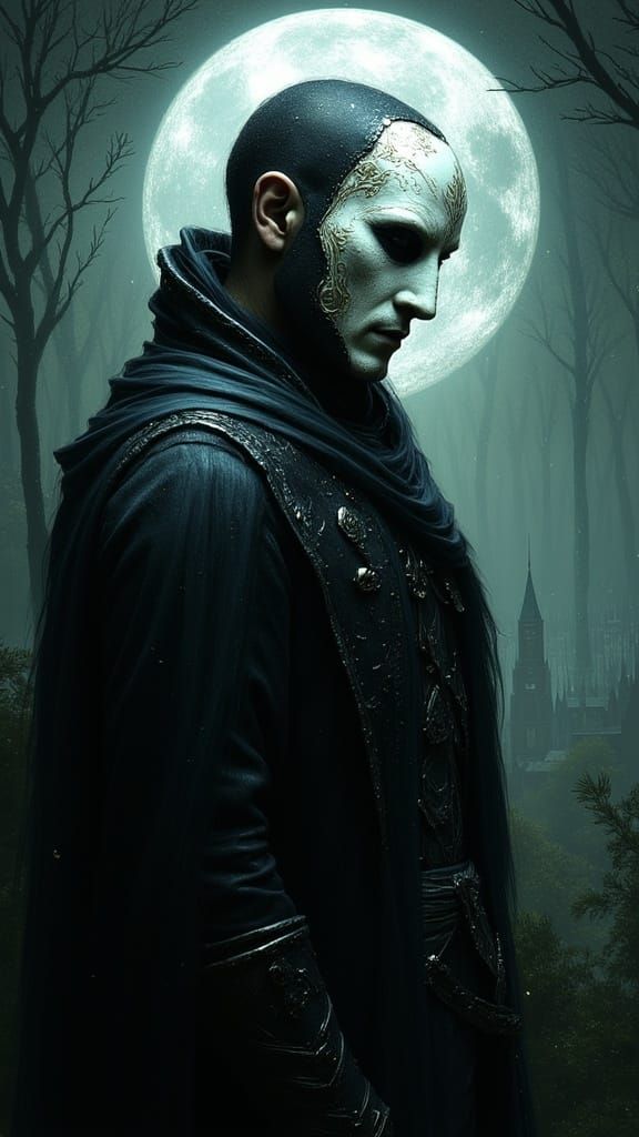 Masked Figure in Moonlit Forest, Dreamlike Painting