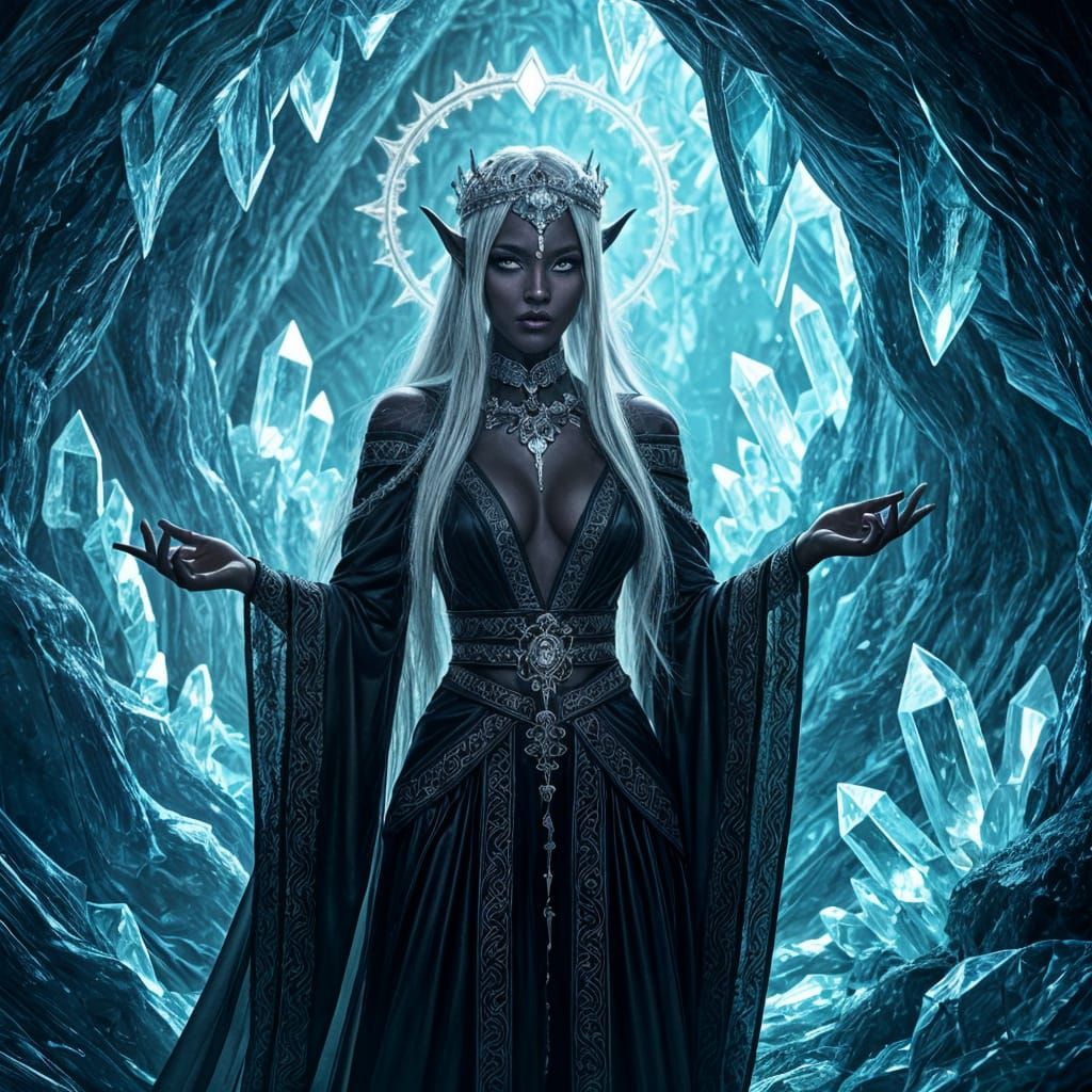Dark Elf in Crystal Cave: Gothic Digital Art