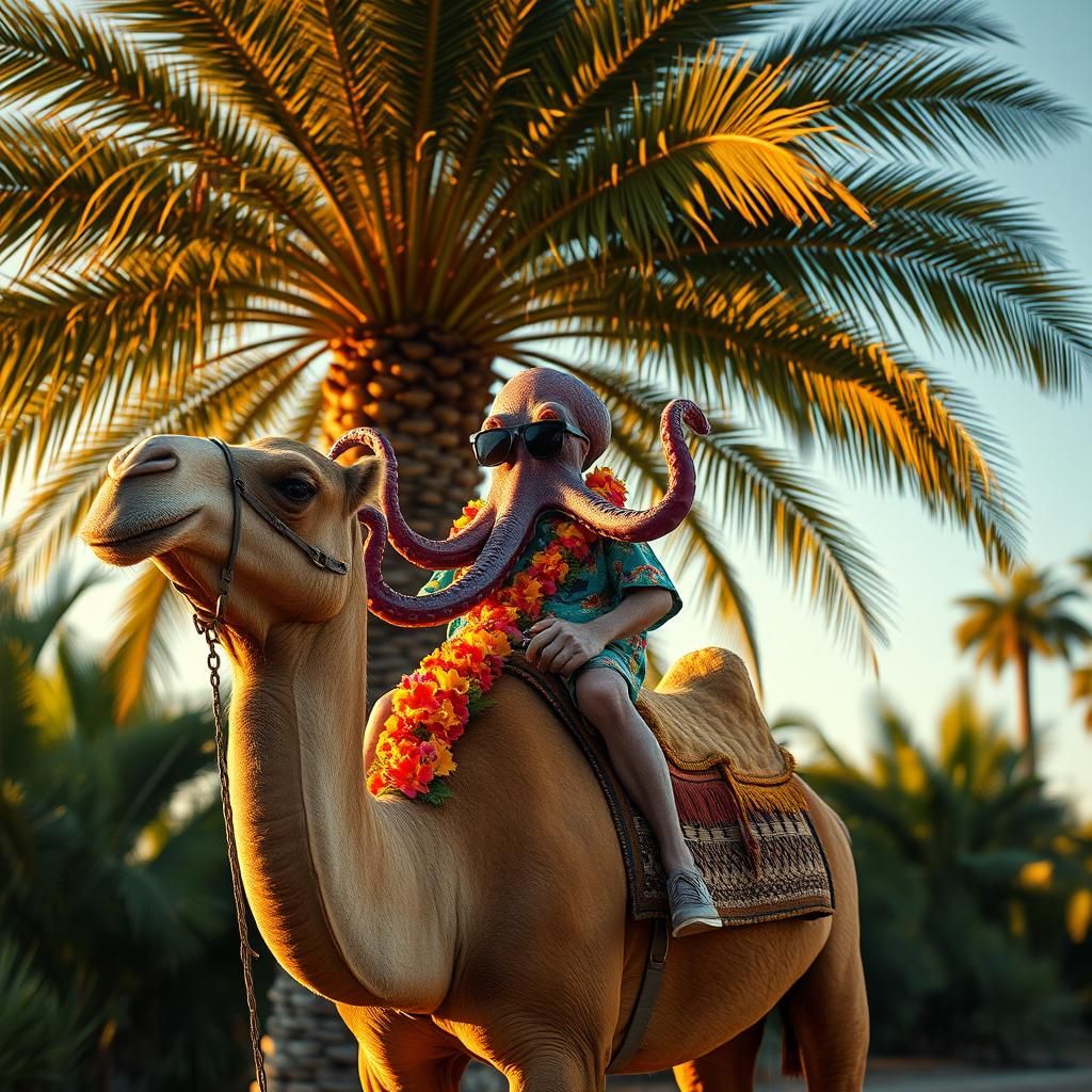 an octopus riding a camel under a palm tree. Funny but emoti...