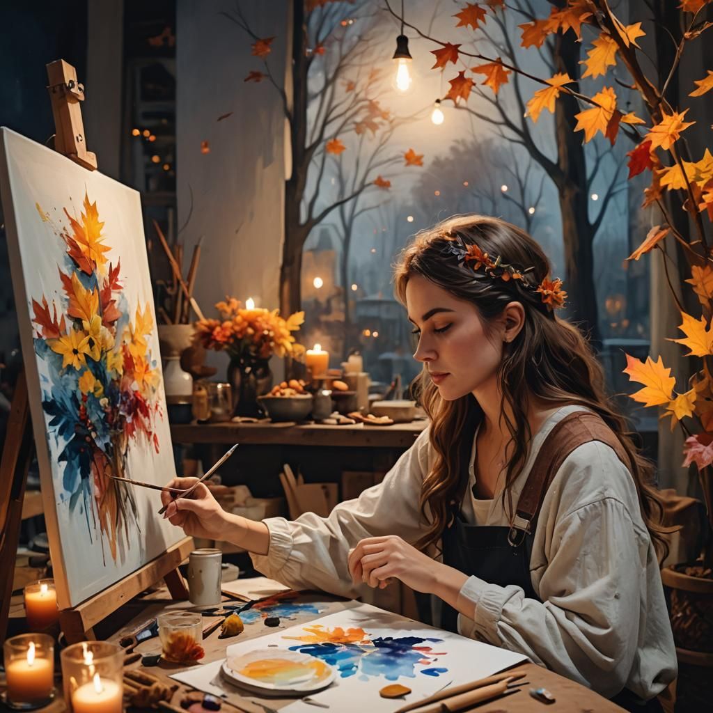 Artist Girl Painting on Thanksgiving Evening