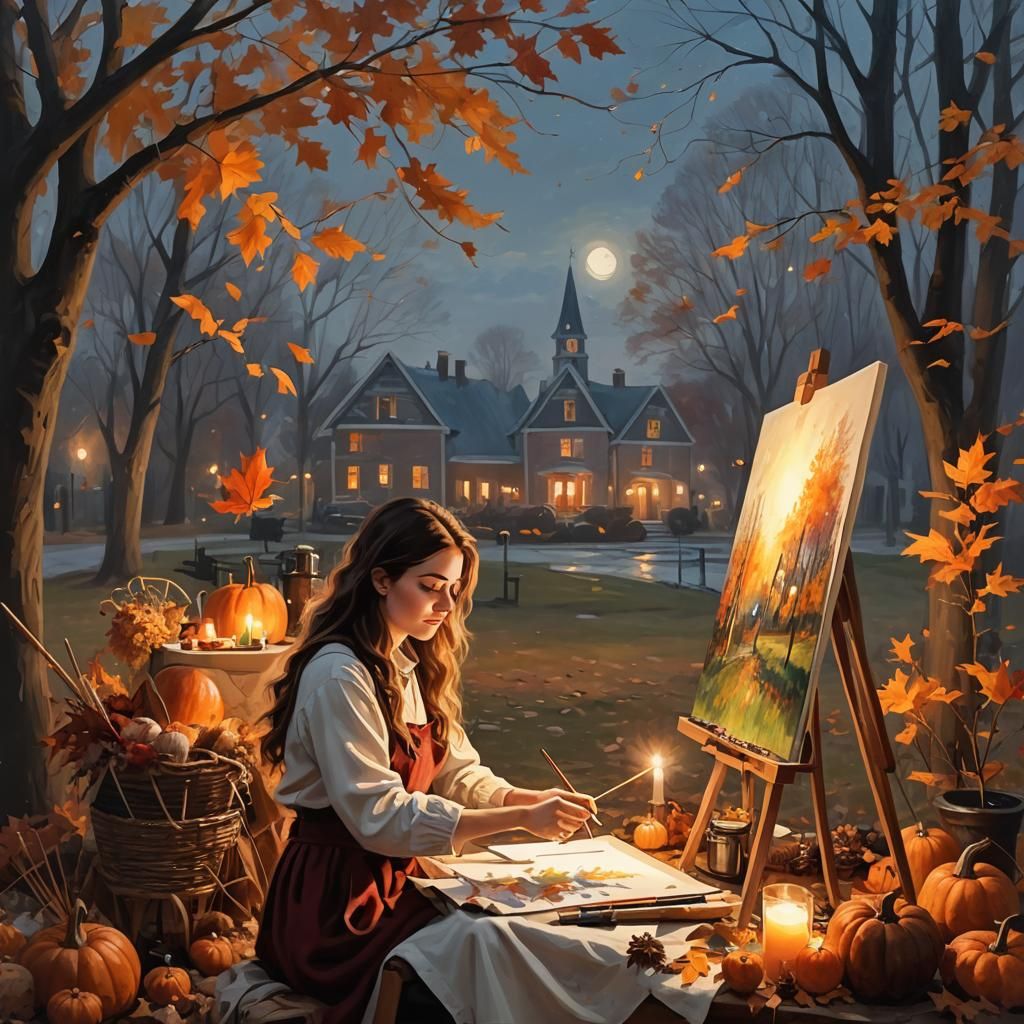 Artist Girl Working on Canvas at Thanksgiving
