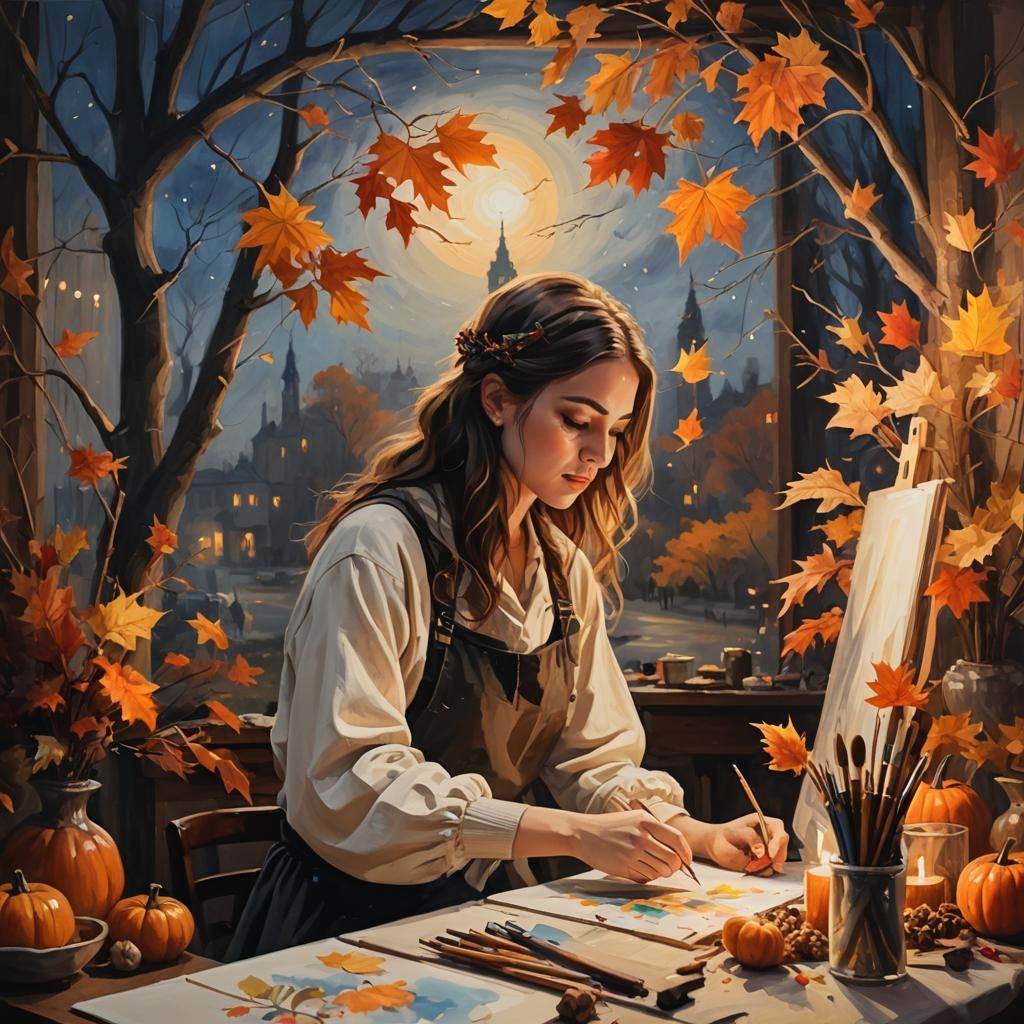 Artist Girl Working on Canvas Thanksgiving Evening