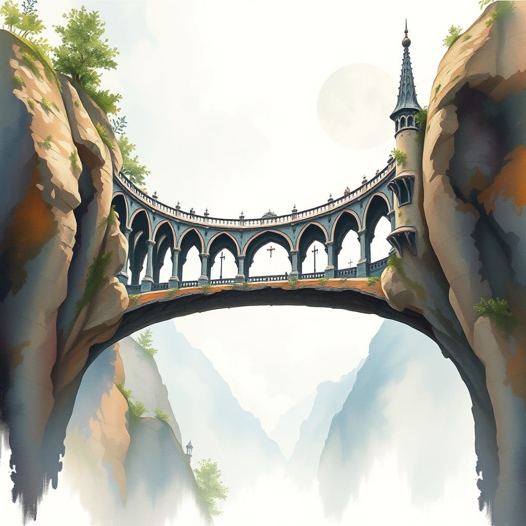 Mystical Fantasy Bridge in Watercolour Style