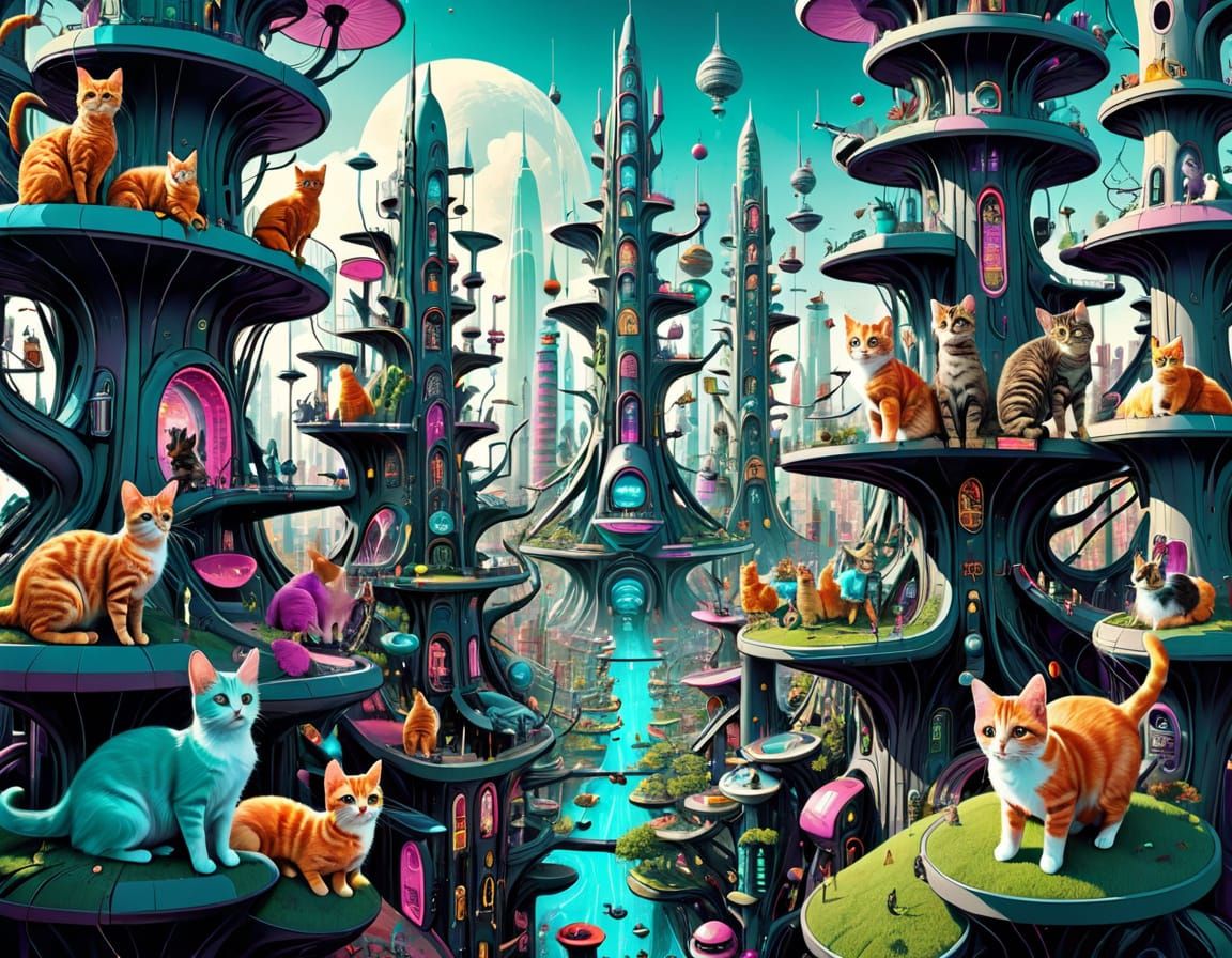 Futuristic City of Sentient Cats: Vintage Sci-Fi Illustratio...