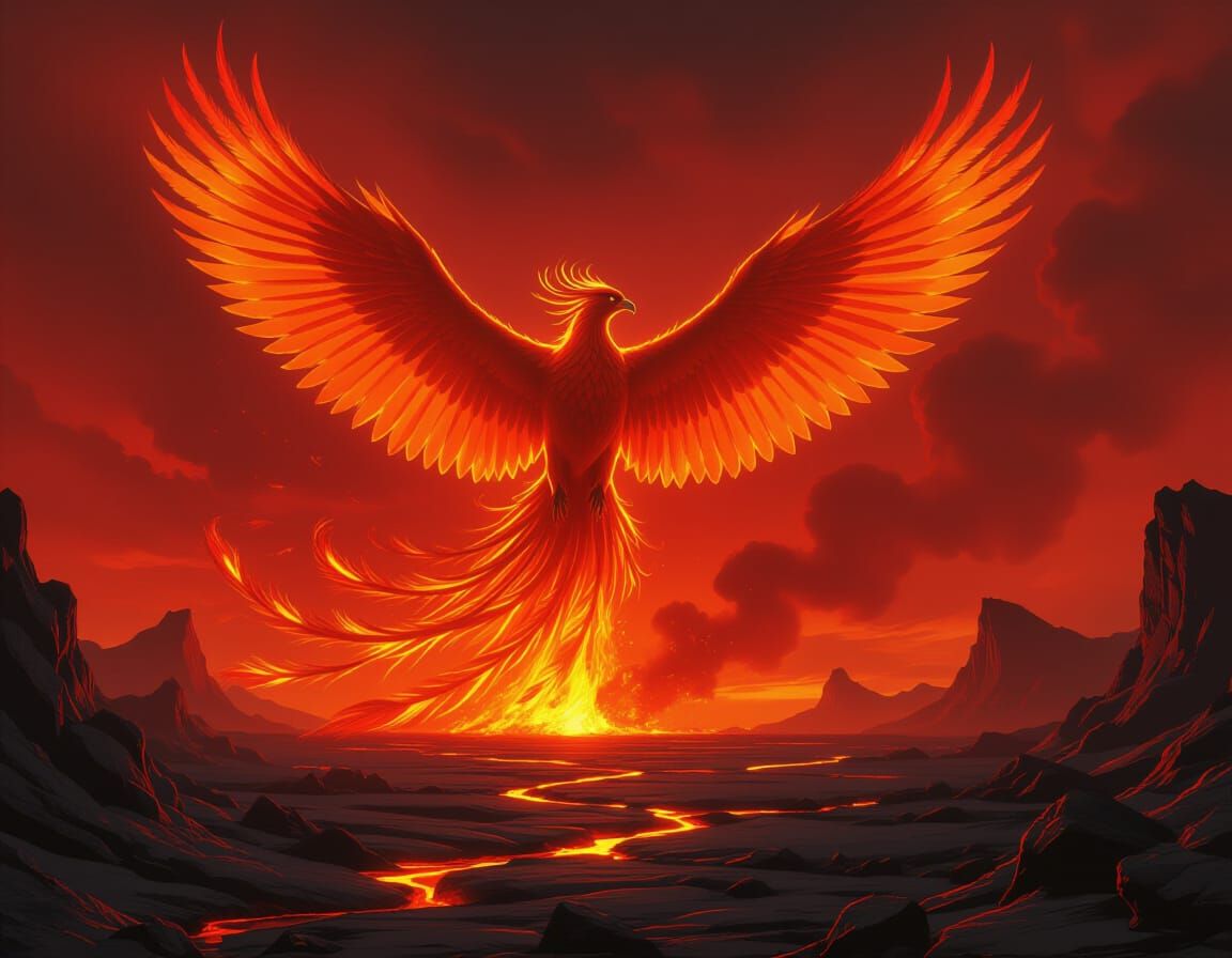 Fiery Phoenix Emerges from Lava: Painterly Volcanic Scene