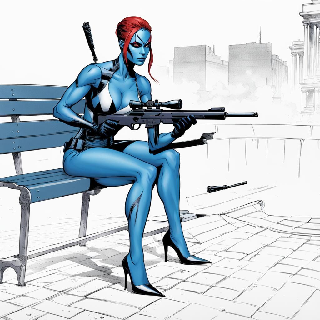 Mystique Aims Sniper Rifle From Bench