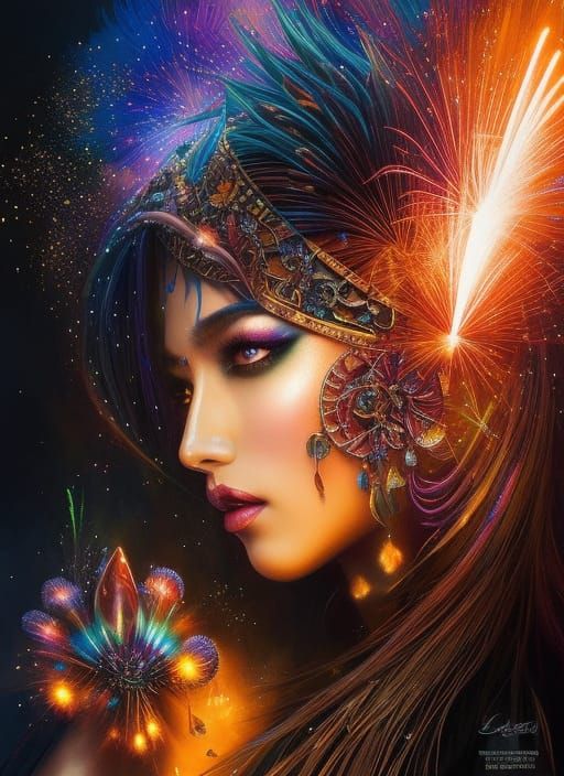 Enchantress Celebration with Fireworks in Splash Art Style