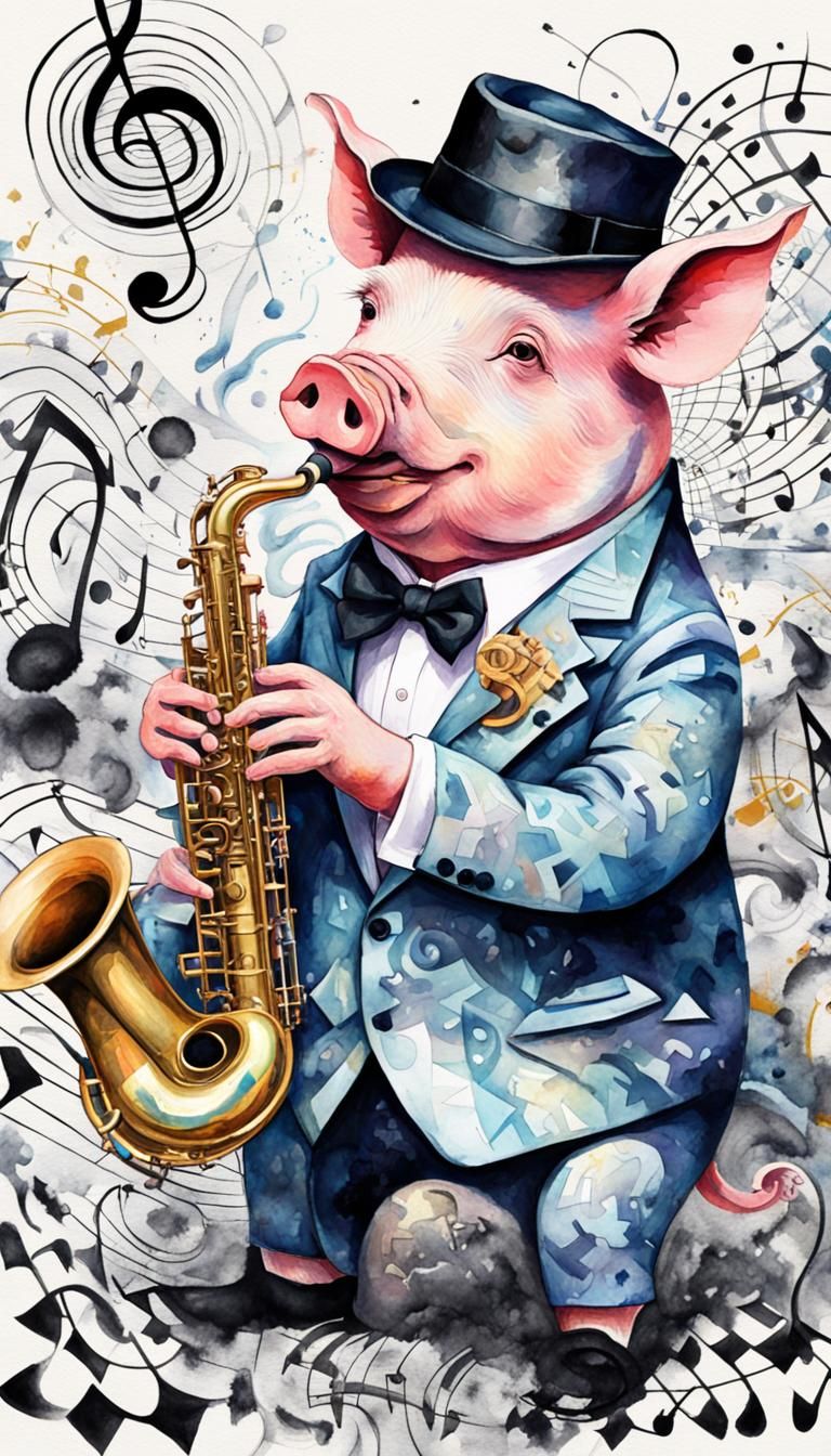Jazz Pig in Zoot Suit: Surreal Watercolor Scene