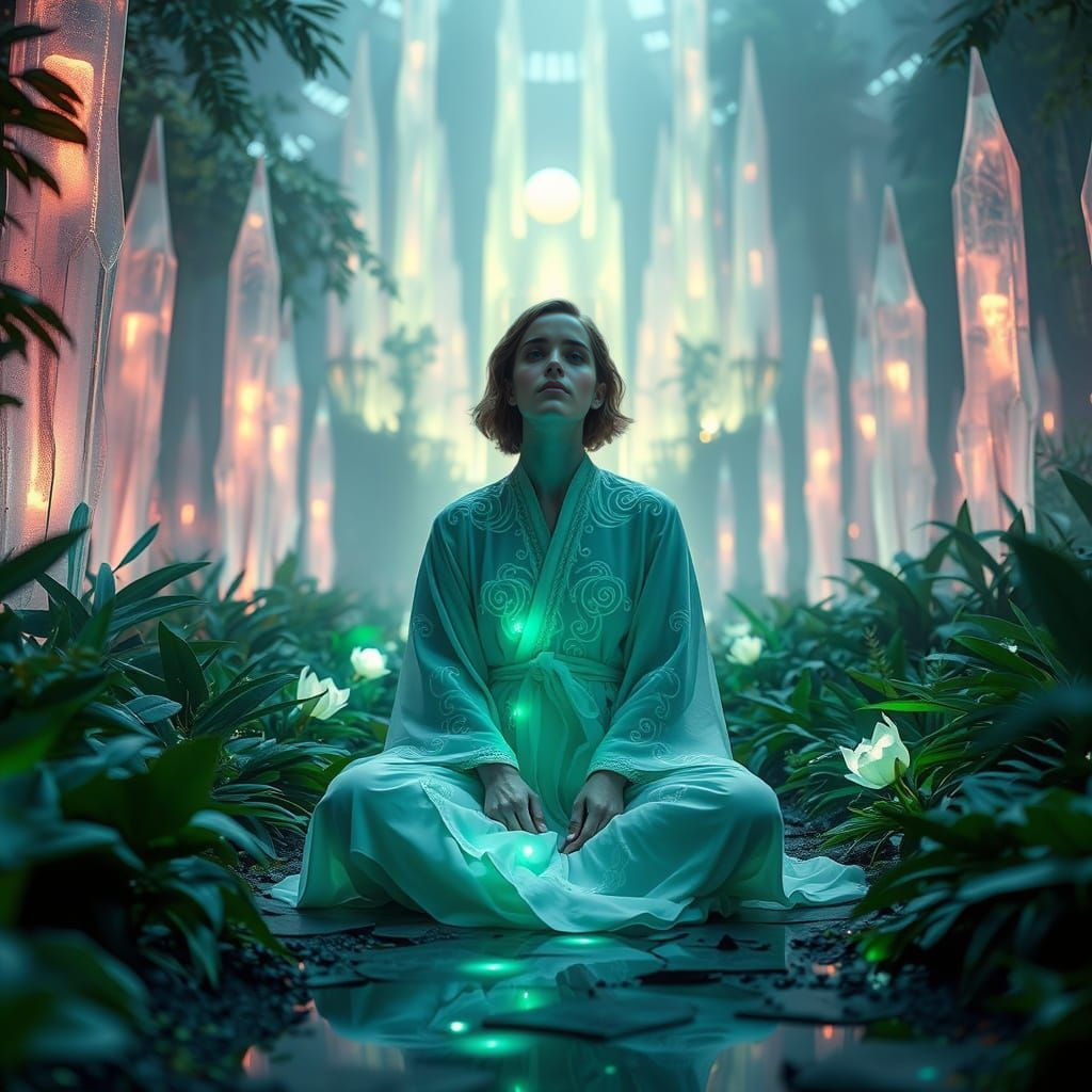 Ethereal Futuristic Garden Scene with Meditating Figure