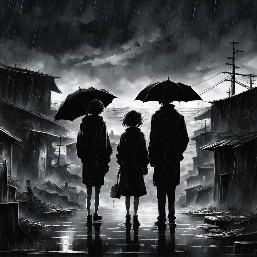 Figures in Rainy, Neon-Lit Anime Seascape