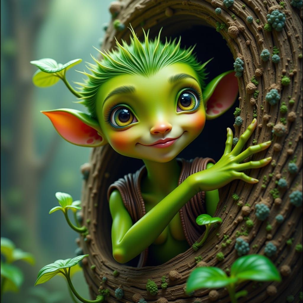 Green Elf with Spiky Hair Hiding Behind Tree