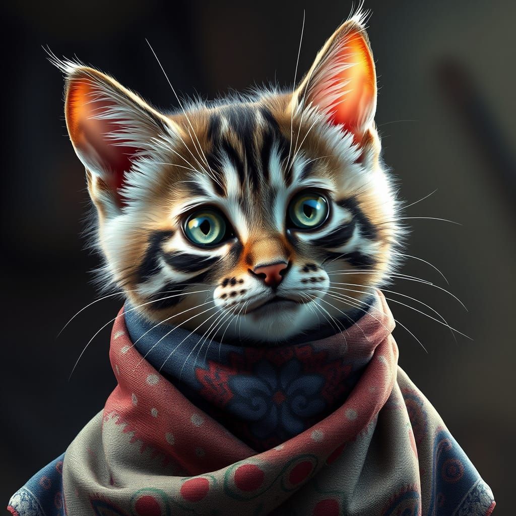 Greek Kitten Portrait with Embroidered Scarf