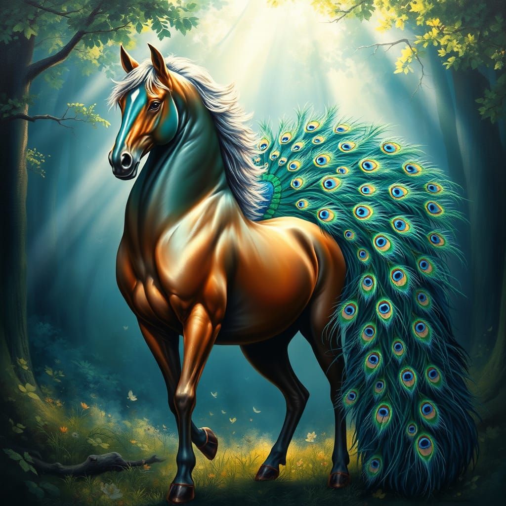 Majestic Oil Painting of Horse-Peacock Hybrid in Enchanted F...