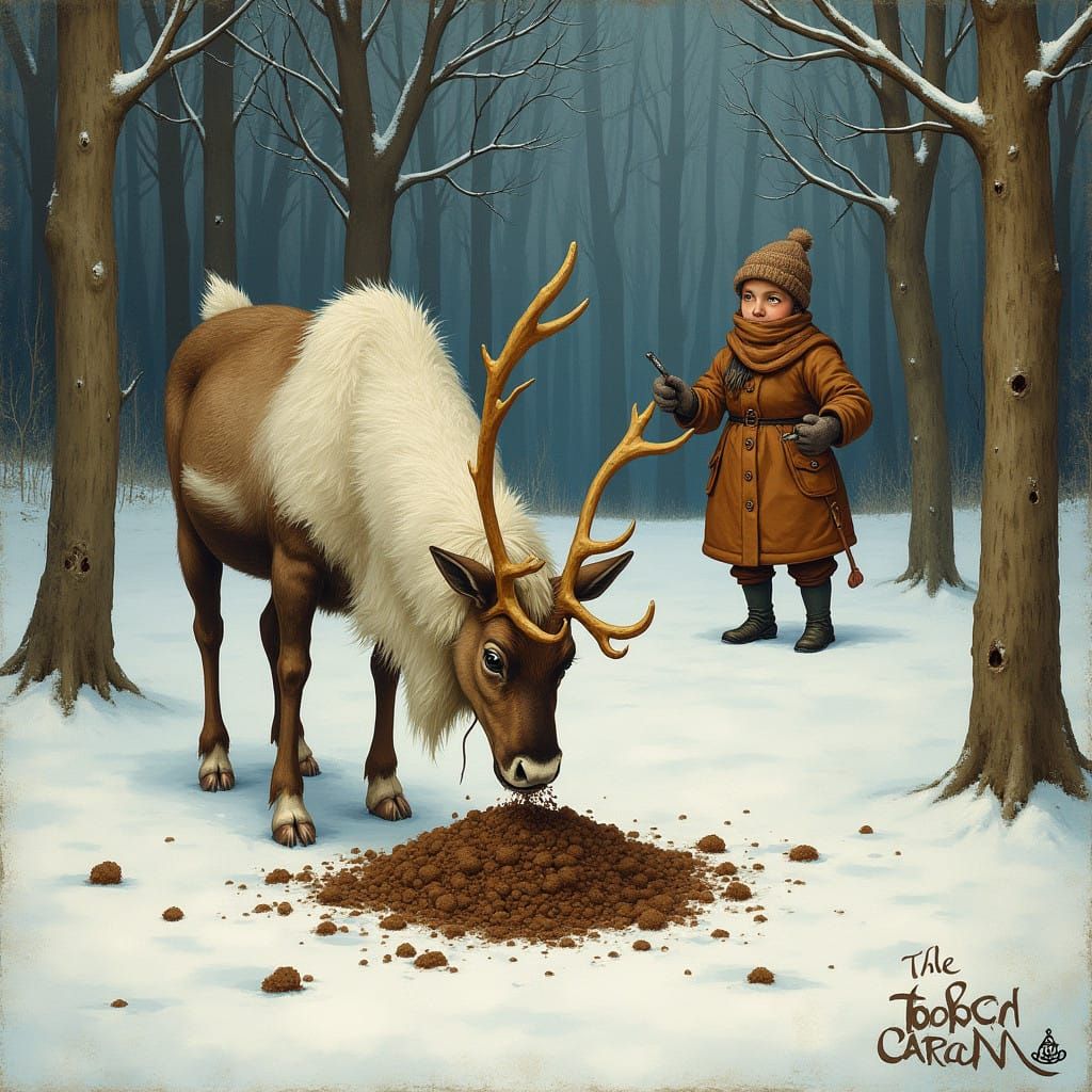 Satirical Reindeer Scene in Whimsical Folk Art Style